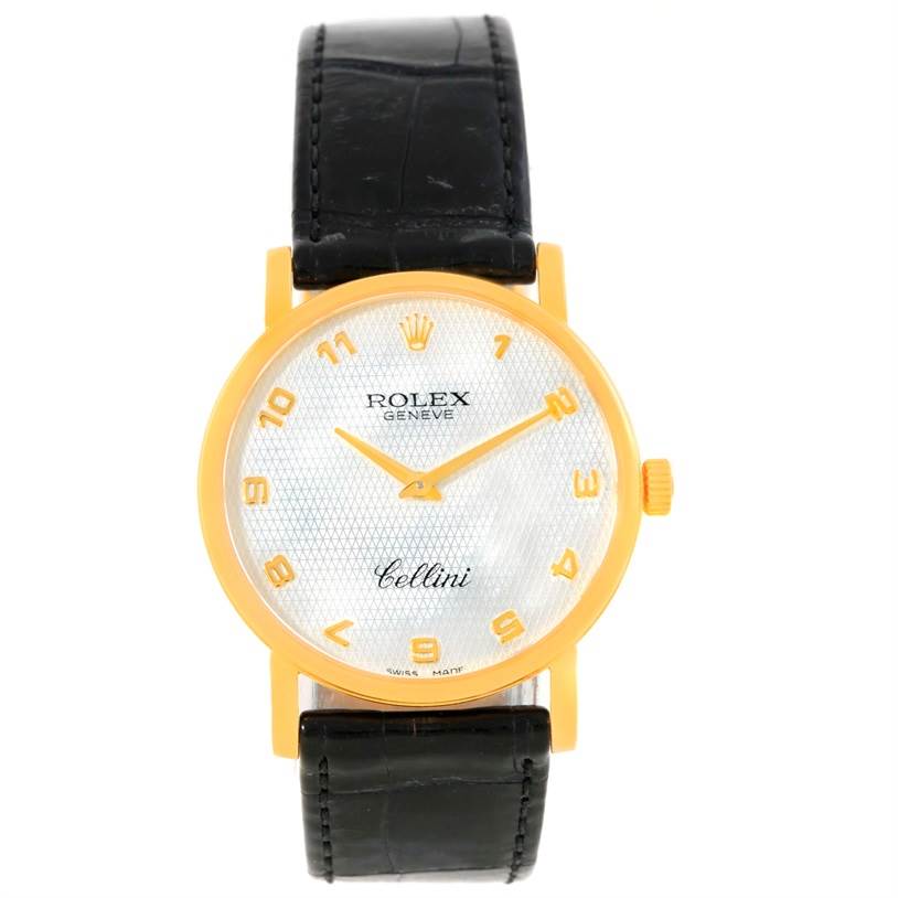 This image shows a frontal view of a Rolex Cellini 5115 Men
s Yellow Gold Mother of Pearl Dial 5115 Men
s Yellow Gold Mother of Pearl Dial watch featuring a gold case, white dial, and black leather strap.