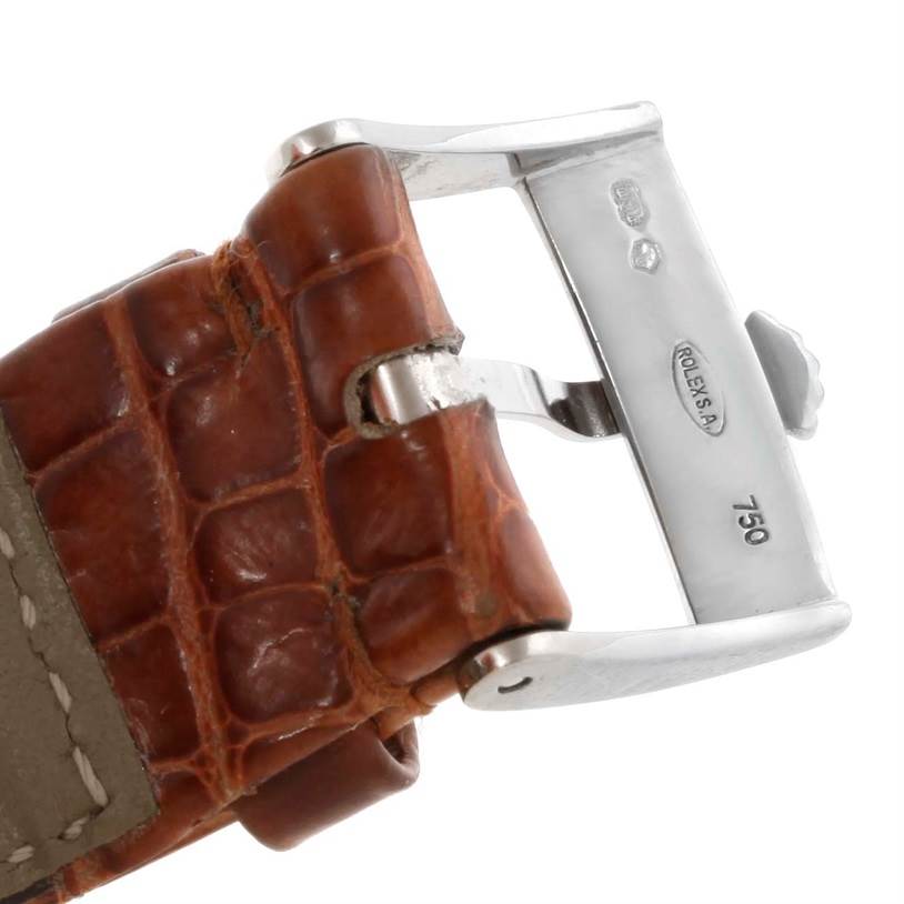 The image shows a close-up of the buckle and strap of a Rolex Cellini 5116 Men's White Gold Silver Dial 5116 Men's White Gold Silver Dial watch.