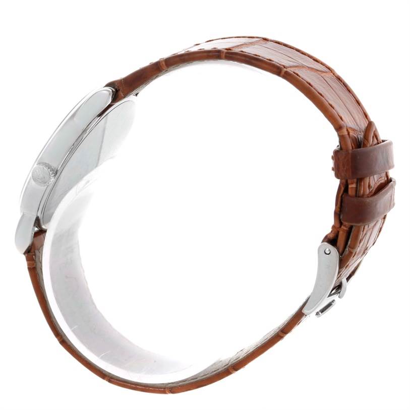 The image shows a side view of a Rolex Cellini 5116 Men's White Gold Silver Dial 5116 Men's White Gold Silver Dial watch, highlighting the brown leather strap and the case edge.