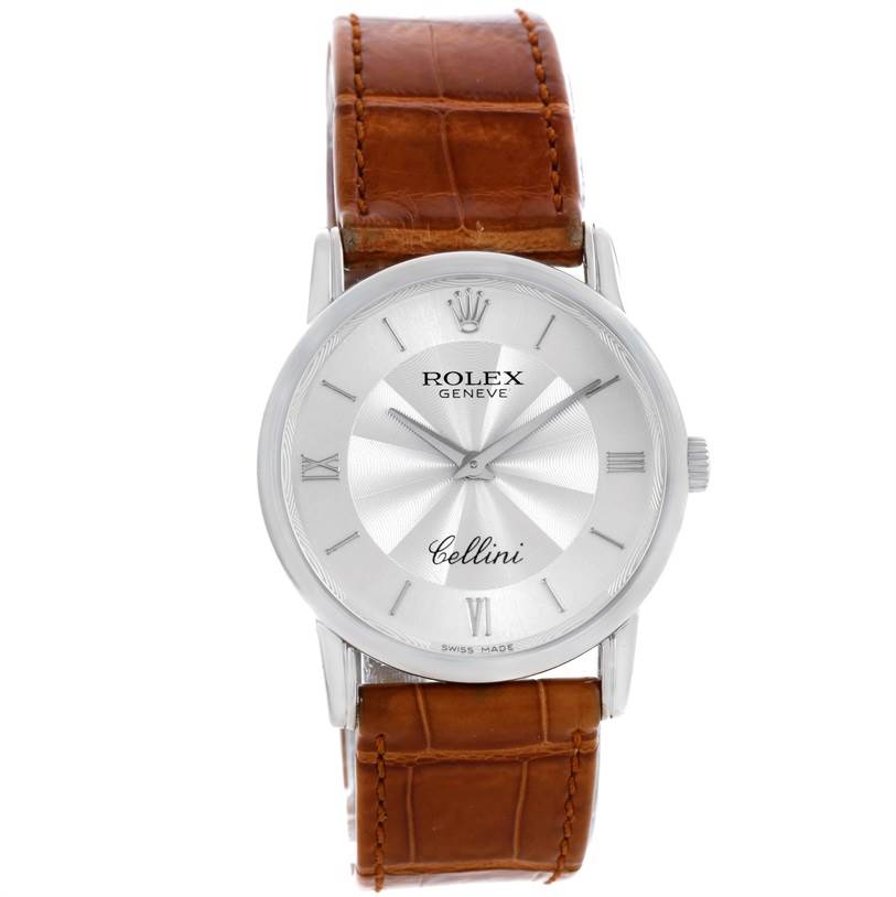 This image shows a front view of a Rolex Cellini 5116 Men's White Gold Silver Dial 5116 Men's White Gold Silver Dial with a silver dial and brown leather strap.