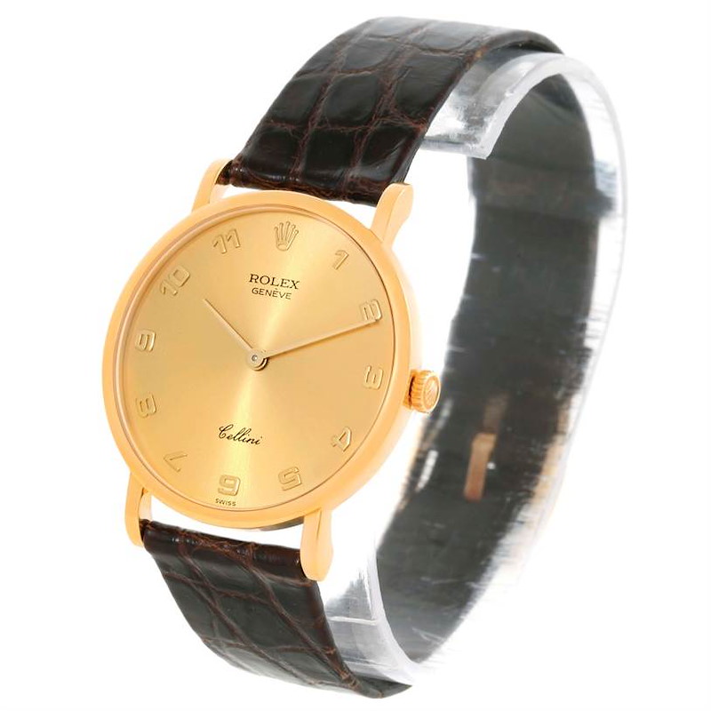 Rolex Cellini Classic 18k Yellow Gold Brown Strap Watch 5112 SwissWatchExpo