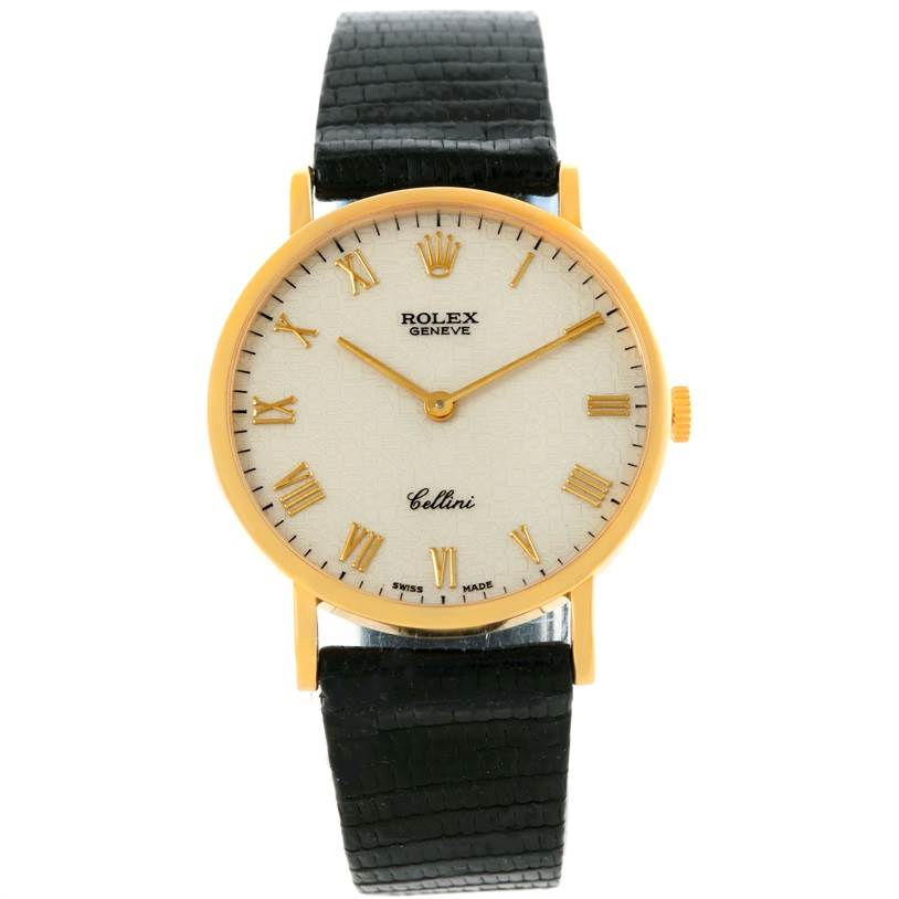 This image shows a frontal view of a Rolex Cellini 5112 Men's Yellow Gold Beige Dial 5112 Men's Yellow Gold Beige Dial watch, highlighting its gold case, white dial, and black leather strap.