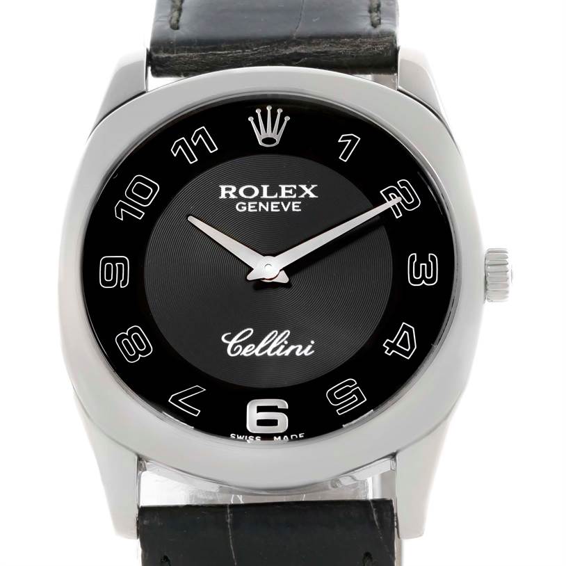 This image shows a frontal view of a Rolex Cellini 4233 Men's White Gold Black Dial 4233 Men's White Gold Black Dial watch, displaying the face, hands, crown, and part of the leather strap.