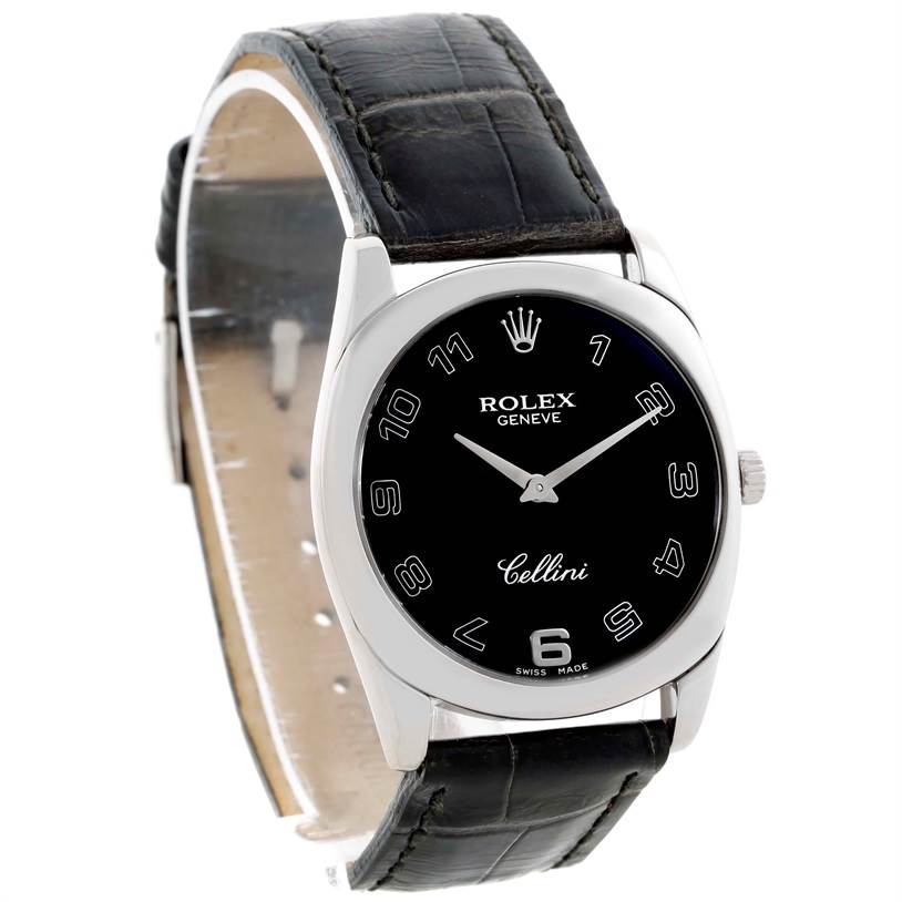 The image shows a Rolex Cellini 4233 Men's White Gold Black Dial 4233 Men's White Gold Black Dial watch at a slight angle, highlighting the face, bezel, lugs, crown, and leather strap.