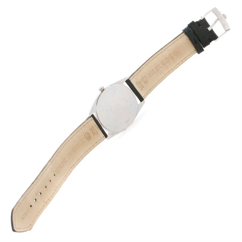 The image shows the back view of a Rolex Cellini 4233 Men's White Gold Black Dial 4233 Men's White Gold Black Dial watch, displaying the leather strap and buckle.