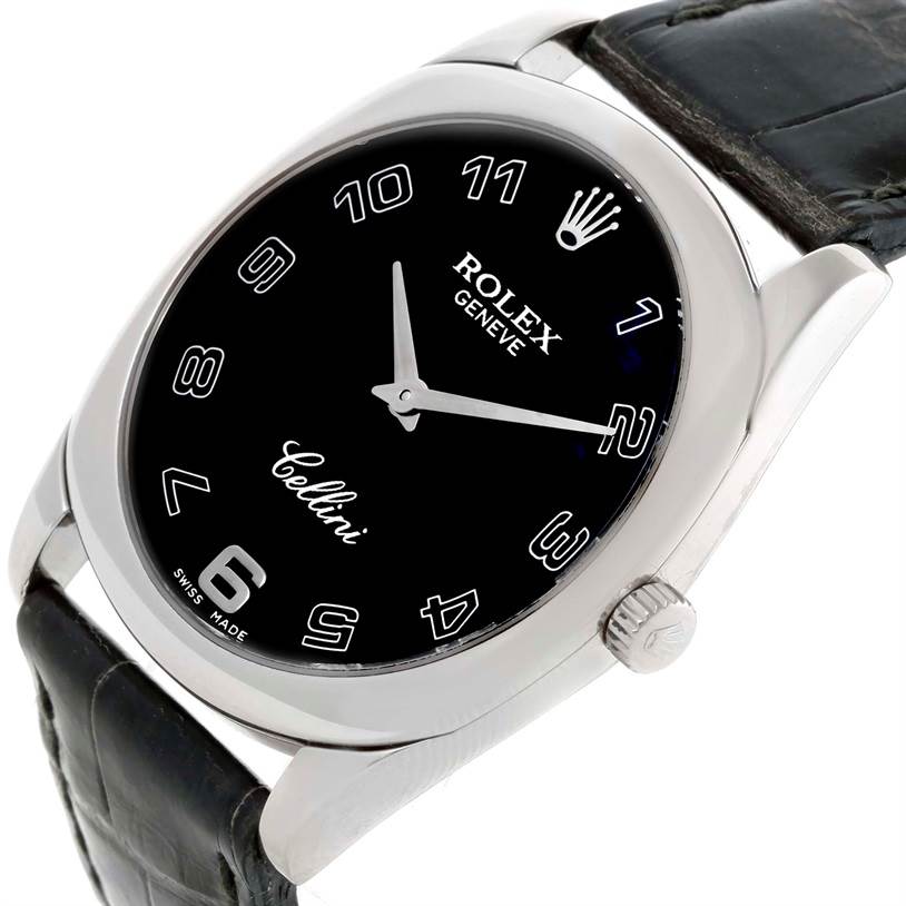 The Rolex Cellini 4233 Men's White Gold Black Dial 4233 Men's White Gold Black Dial watch is shown from an angled front view, displaying the black dial, numerals, hands, and part of the leather strap.