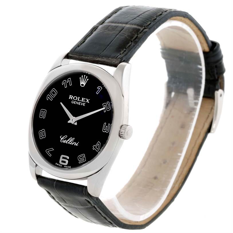 The Rolex Cellini 4233 Men's White Gold Black Dial 4233 Men's White Gold Black Dial watch is shown at a three-quarter angle, highlighting the black dial, numerals, case, strap, and crown.