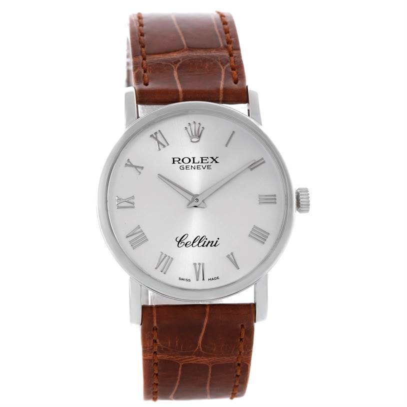 The image shows a front view of a Rolex Cellini 5115 Men's White Gold Silver Dial 5115 Men's White Gold Silver Dial watch with a brown leather strap and a silver dial featuring Roman numerals.