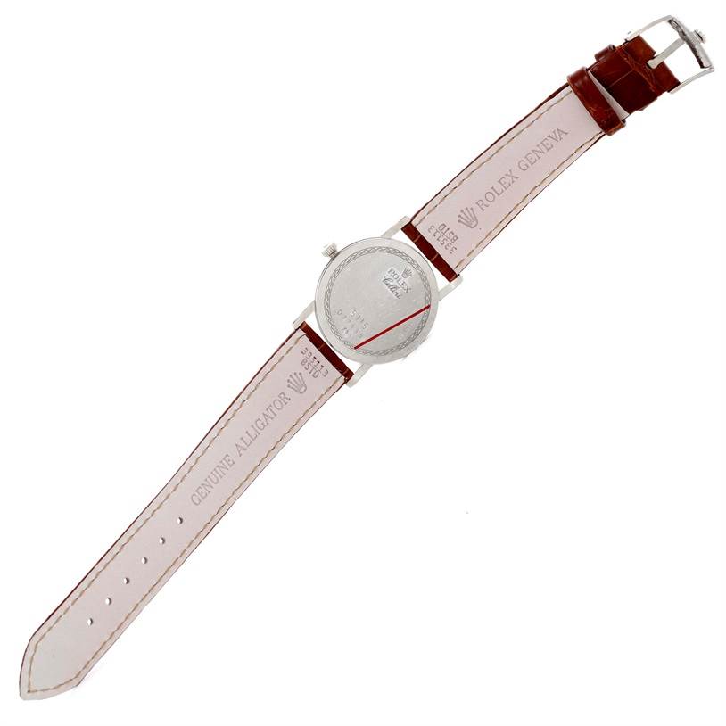 The image shows the back and strap of a Rolex Cellini 5115 Men's White Gold Silver Dial 5115 Men's White Gold Silver Dial watch, displaying the underside and buckle of the leather strap.