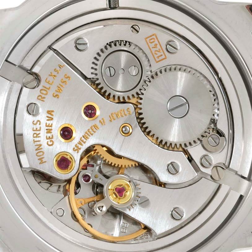 This image shows the movement mechanism of a Rolex Cellini 5240 Men's Platinum Mother of Pearl Dial 5240 Men's Platinum Mother of Pearl Dial watch from the back.