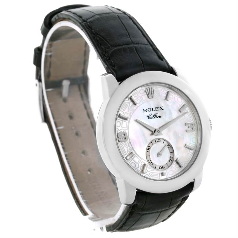 This image shows a Rolex Cellini 5240 Men's Platinum Mother of Pearl Dial 5240 Men's Platinum Mother of Pearl Dial watch at a three-quarter angle, highlighting its face, dial, case, and black leather strap.
