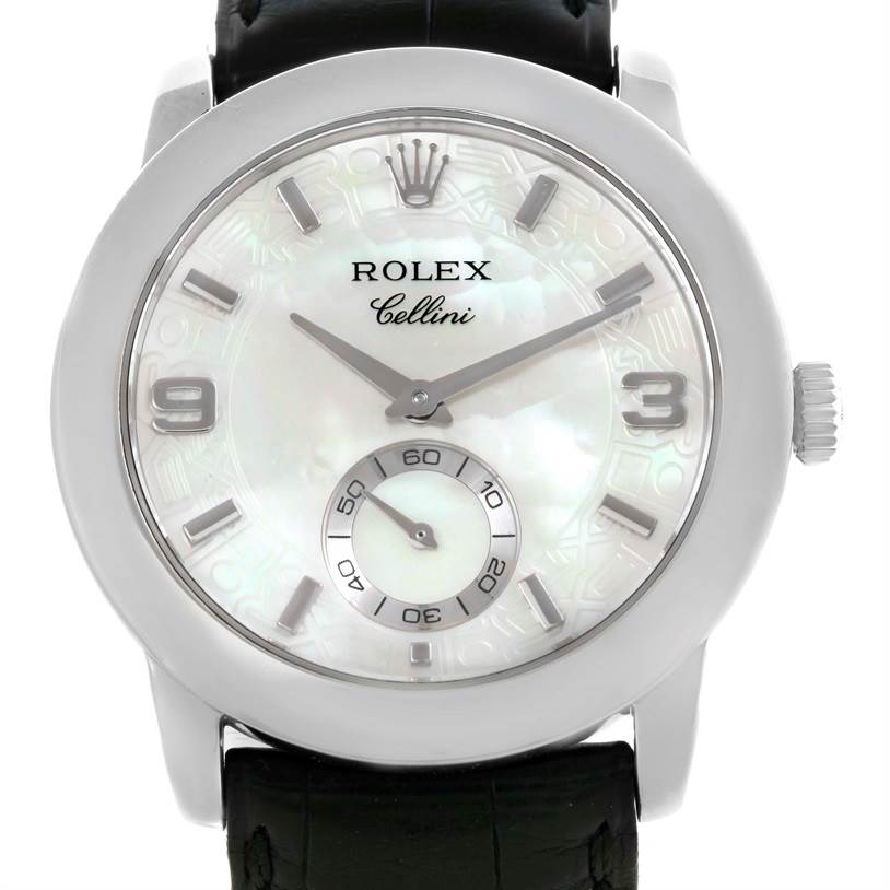 This image shows a frontal view of a Rolex Cellini 5240 Men's Platinum Mother of Pearl Dial 5240 Men's Platinum Mother of Pearl Dial watch, highlighting its dial, bezel, crown, and part of the leather strap.