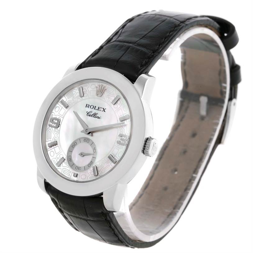 This image shows a Rolex Cellini 5240 Men's Platinum Mother of Pearl Dial 5240 Men's Platinum Mother of Pearl Dial watch at a slight angle, highlighting the face, bezel, and black leather strap.