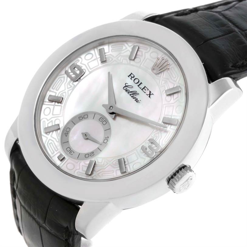 The image shows a Rolex Cellini 5240 Men's Platinum Mother of Pearl Dial 5240 Men's Platinum Mother of Pearl Dial watch from an angled view, highlighting its dial, crown, and part of the leather strap.