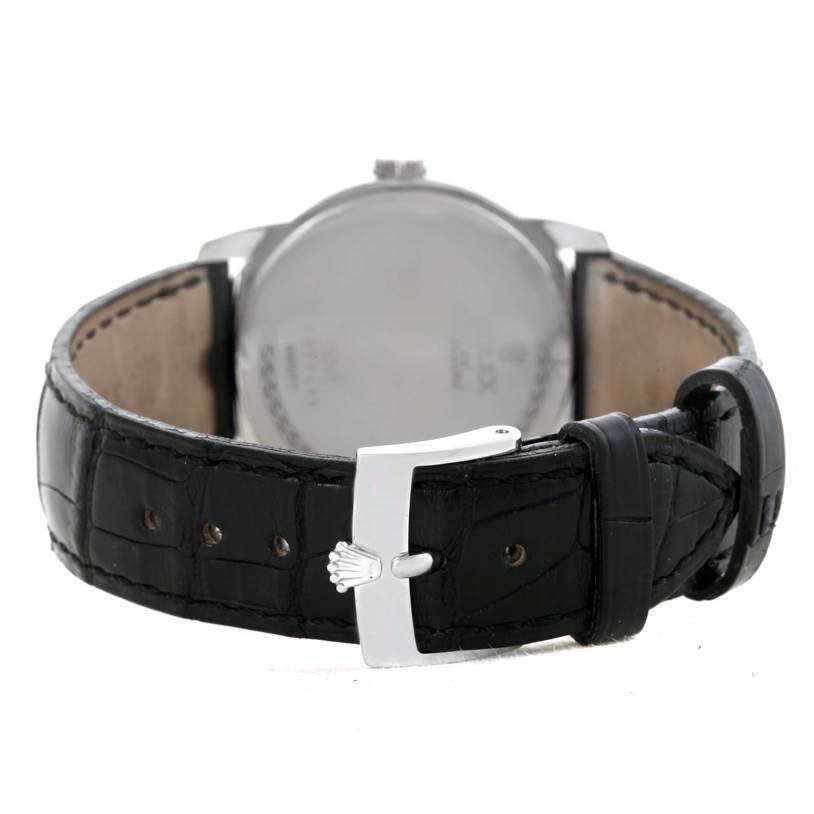 This image shows the back of a Rolex Cellini 5240 Men's Platinum Mother of Pearl Dial 5240 Men's Platinum Mother of Pearl Dial watch, focusing on its black leather strap and buckle.