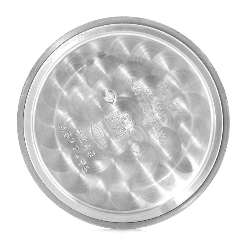 This image shows the inside case back of a Rolex Cellini 5240 Men's Platinum Mother of Pearl Dial 5240 Men's Platinum Mother of Pearl Dial watch, captured from a top-down angle.