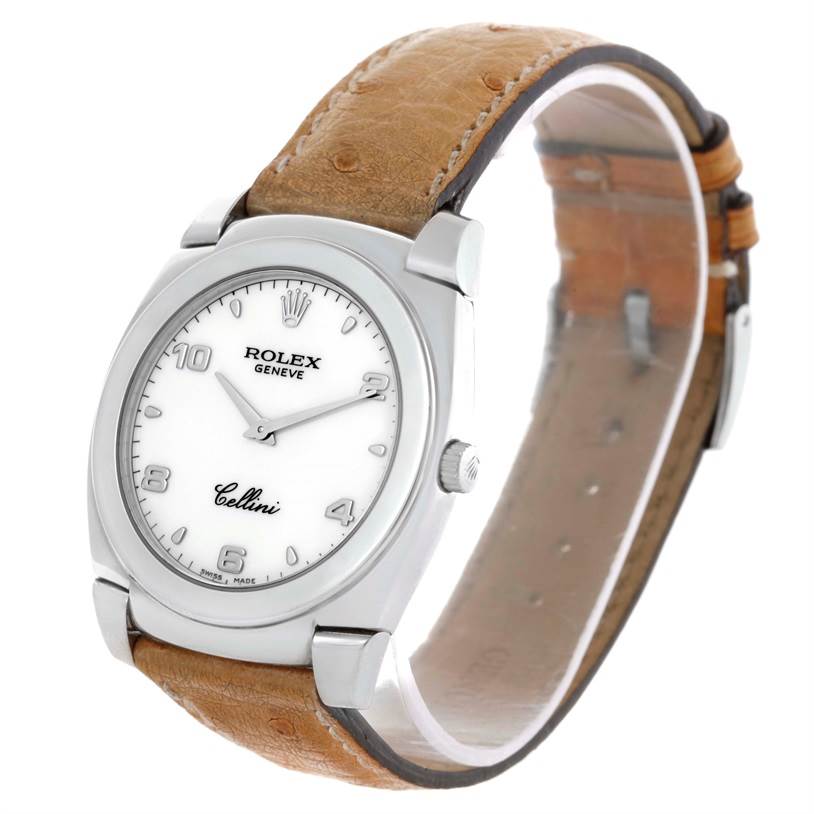 The image shows a side angle of the Rolex Cellini 5330 Men's White Gold White Dial 5330 Men's White Gold White Dial watch with a white dial and a brown leather strap.