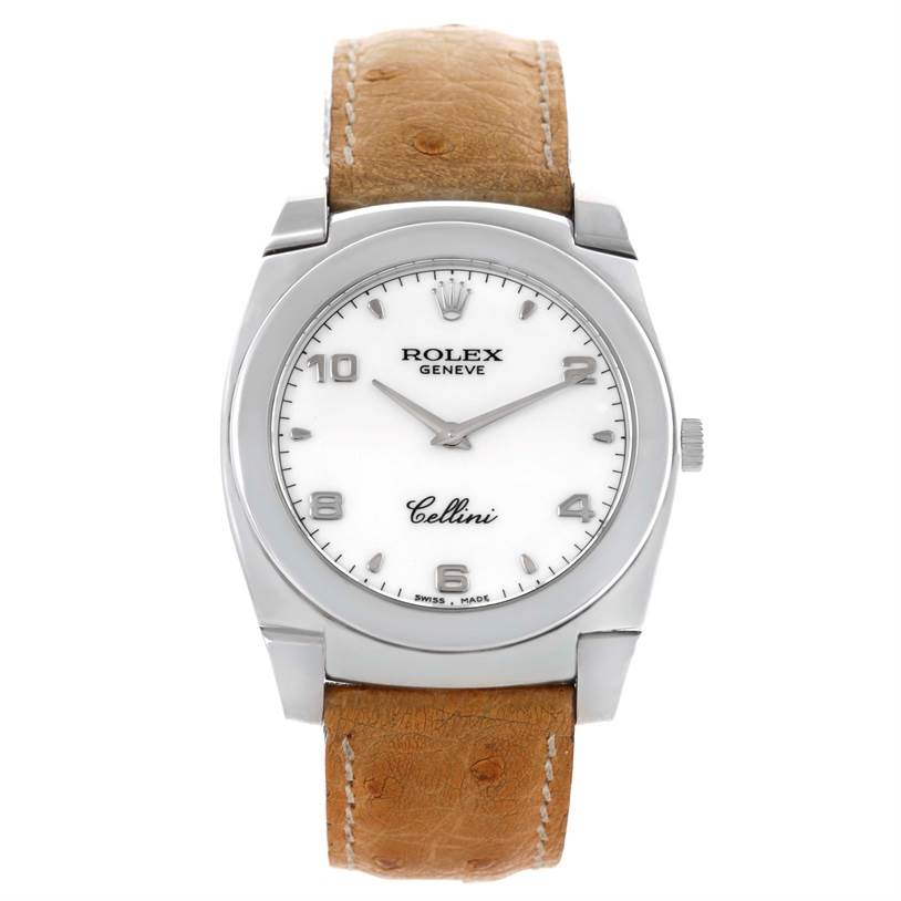 The image shows a front view of a Rolex Cellini 5330 Men's White Gold White Dial 5330 Men's White Gold White Dial watch, featuring the dial, bezel, case, crown, and leather strap.