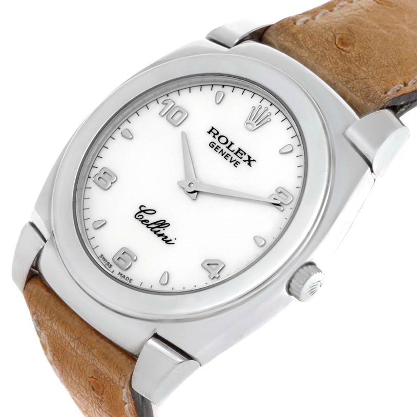 The image shows a close-up, angled view of the Rolex Cellini 5330 Men's White Gold White Dial 5330 Men's White Gold White Dial watch, highlighting its face, bezel, crown, and leather strap.