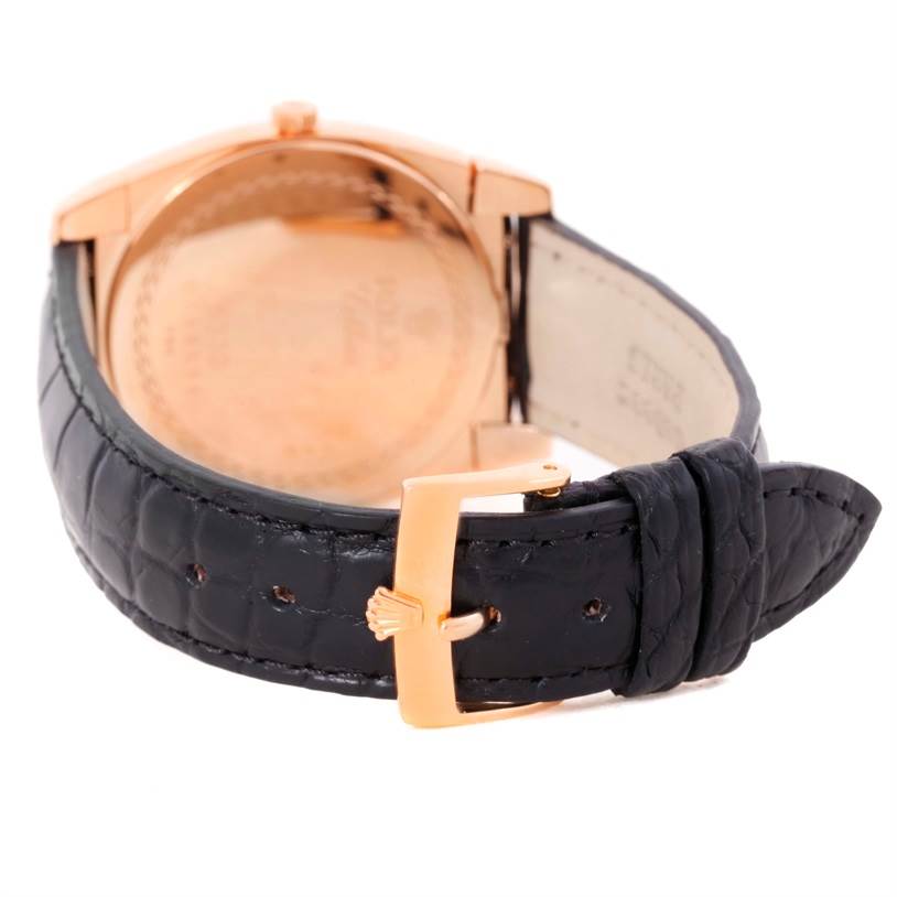 The image shows the back and strap of a Rolex Cellini 5330 Men's Rose Gold Grey Dial 5330 Men's Rose Gold Grey Dial watch, highlighting its clasp and leather band.