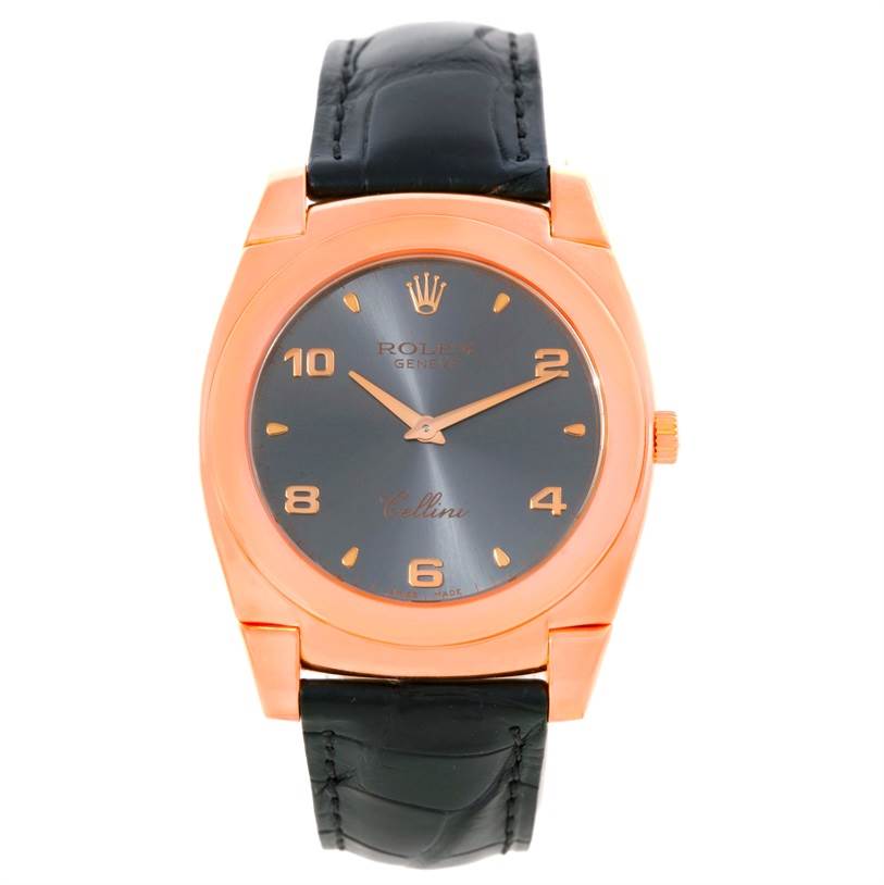 This image shows the face and leather band of the Rolex Cellini 5330 Men's Rose Gold Grey Dial 5330 Men's Rose Gold Grey Dial watch, viewed from the front.