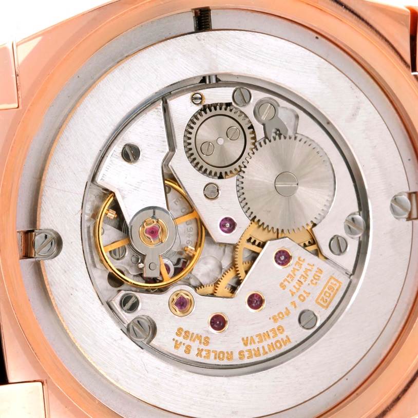 The image shows the movement mechanism of a Rolex Cellini 5330 Men's Rose Gold Grey Dial 5330 Men's Rose Gold Grey Dial watch from a close-up rear angle.