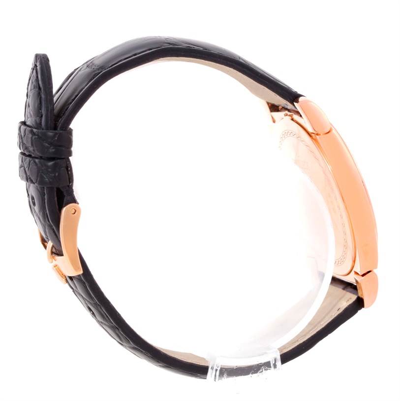 The image shows a side view of a Rolex Cellini 5330 Men's Rose Gold Grey Dial 5330 Men's Rose Gold Grey Dial watch, highlighting its black leather strap and rose gold case.