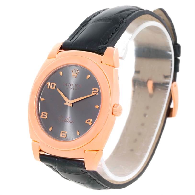 This image shows a front angled view of a Rolex Cellini 5330 Men's Rose Gold Grey Dial 5330 Men's Rose Gold Grey Dial watch, highlighting its black dial, rose gold case, and black leather strap.