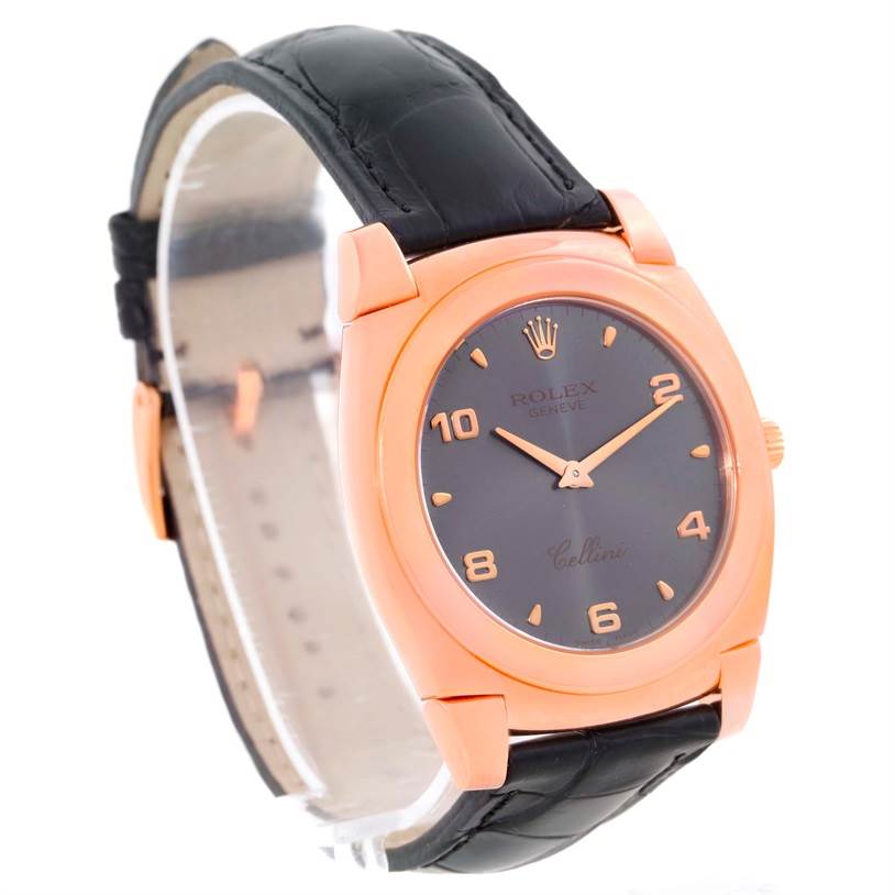 The image shows a Rolex Cellini 5330 Men's Rose Gold Grey Dial 5330 Men's Rose Gold Grey Dial watch from a three-quarter angle, displaying the dial, case, and black leather strap.