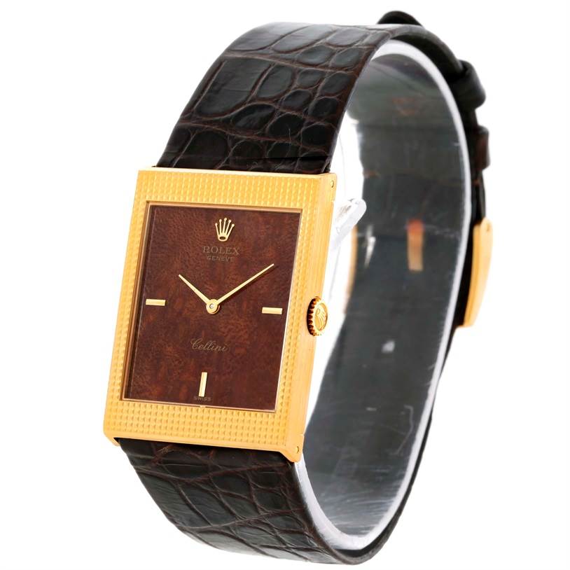 The image shows a Rolex Cellini 4127 Men's Yellow Gold Brown Dial 4127 Men's Yellow Gold Brown Dial watch from a front angle, highlighting its rectangular face, gold accents, and leather strap.