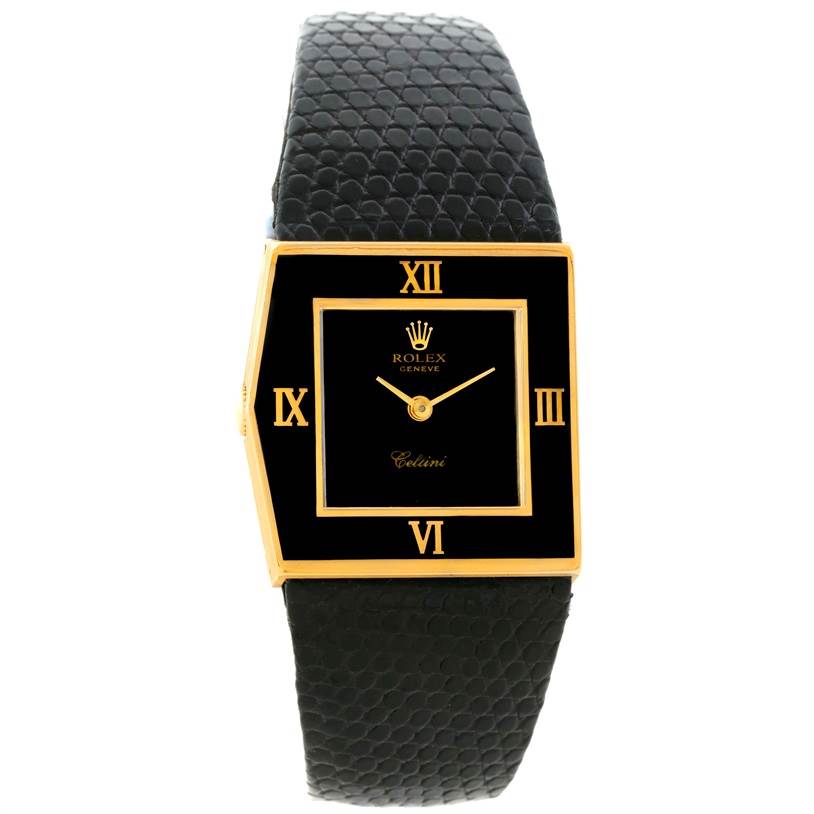 The image shows a front view of a Rolex Cellini 4153 Men's Yellow Gold Black Dial 4153 Men's Yellow Gold Black Dial watch, featuring the watch face and a black, textured strap.