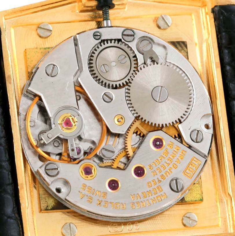 The image shows the inner mechanical movement of a Rolex Cellini 4153 Men's Yellow Gold Black Dial 4153 Men's Yellow Gold Black Dial watch at a close-up angle.