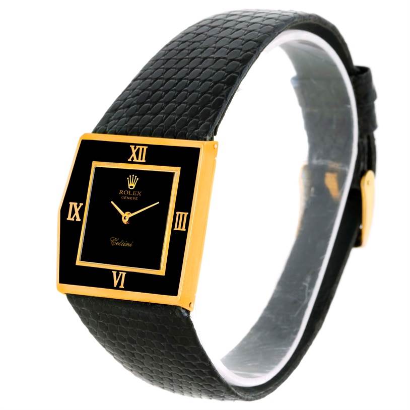 The image shows a front-angle view of the Rolex Cellini 4153 Men's Yellow Gold Black Dial 4153 Men's Yellow Gold Black Dial watch, highlighting its black face, gold case, Roman numerals, and black strap.