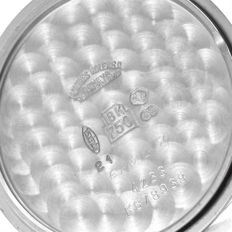 The image shows the inner case back of a Rolex Cellini 4233 Men's White Gold Black Dial 4233 Men's White Gold Black Dial watch, highlighting the brand stamps and material markings.