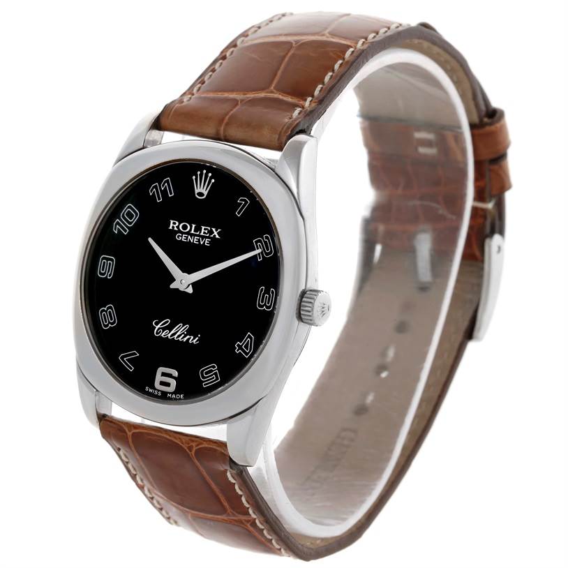 The image shows a Rolex Cellini 4233 Men's White Gold Black Dial 4233 Men's White Gold Black Dial watch at a slight angle, highlighting its dial, crown, and leather strap.