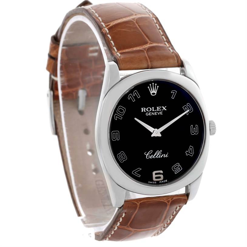 This image shows a Rolex Cellini 4233 Men's White Gold Black Dial 4233 Men's White Gold Black Dial watch at a slight angle, highlighting its black dial, silver casing, and brown leather strap.