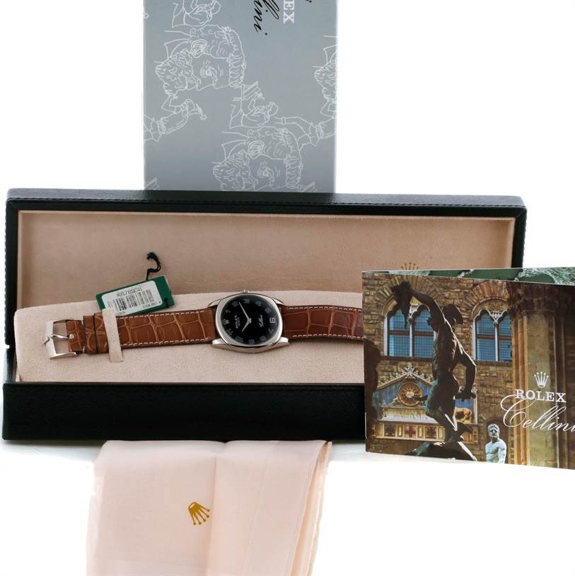 The image shows a Rolex Cellini 4233 Men's White Gold Black Dial 4233 Men's White Gold Black Dial watch in a presentation box with a leather strap, tags, and accompanying booklet and cloth.