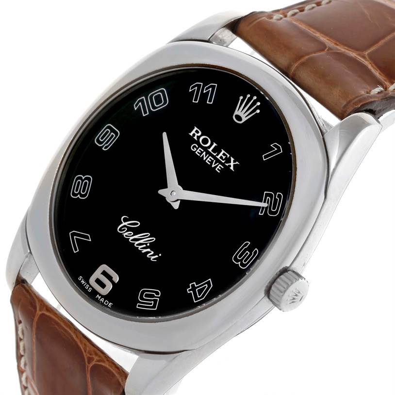 The image shows the face and part of the strap of the Rolex Cellini 4233 Men's White Gold Black Dial 4233 Men's White Gold Black Dial watch from a slightly angled top view.