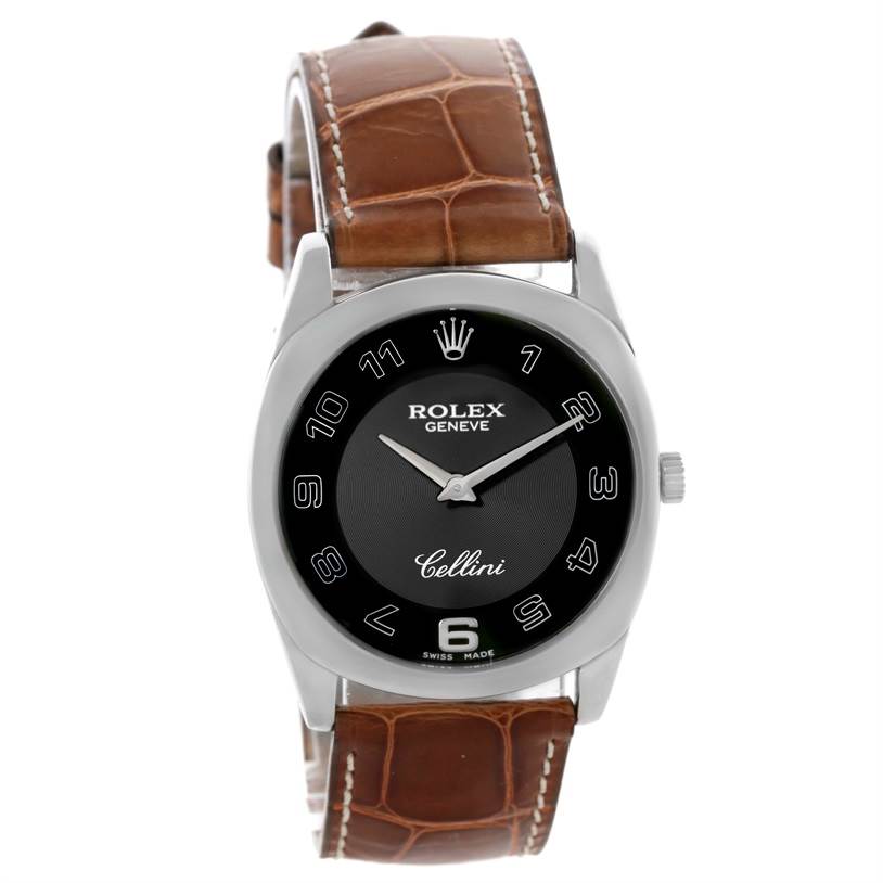 The image shows a front angle of a Rolex Cellini 4233 Men's White Gold Black Dial 4233 Men's White Gold Black Dial watch featuring its dial, crown, and brown leather strap.