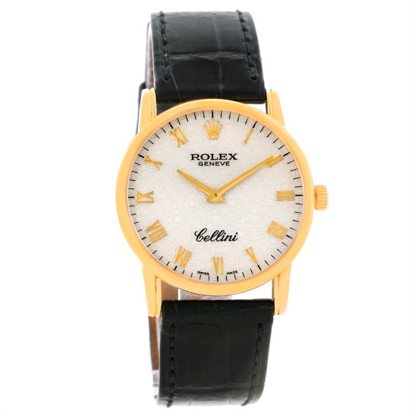 The Rolex Cellini 5116 Men's Yellow Gold Beige Dial 5116 Men's Yellow Gold Beige Dial watch is shown from a front angle, displaying its face, bezel, and strap.