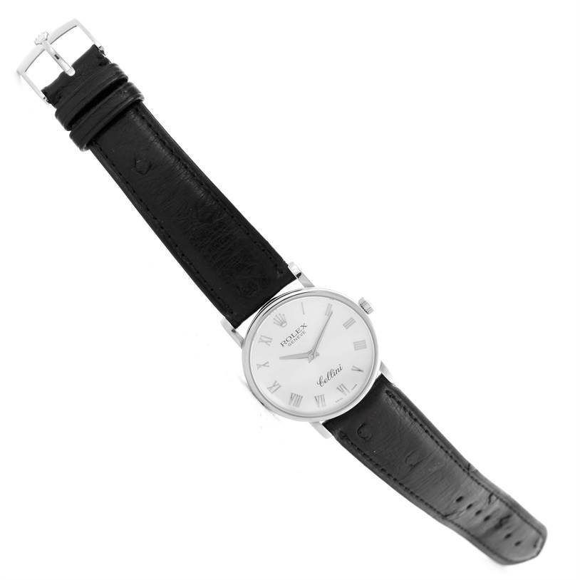 The image shows a Rolex Cellini 5115 Men's White Gold Silver Dial 5115 Men's White Gold Silver Dial watch with a black leather strap, viewed from the front.