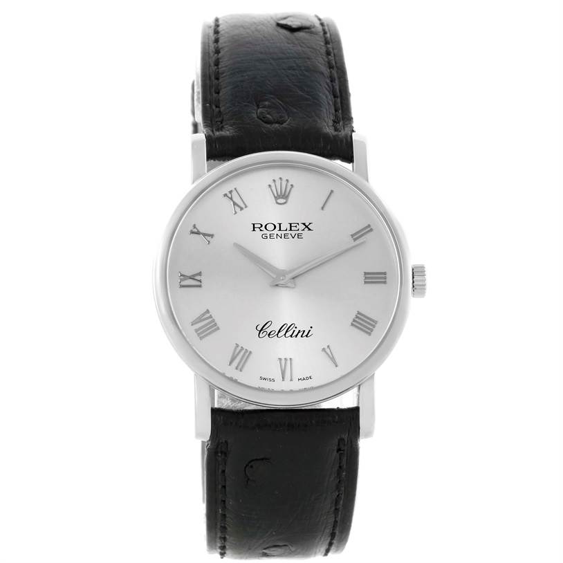 The image shows a front view of a Rolex Cellini 5115 Men's White Gold Silver Dial 5115 Men's White Gold Silver Dial watch, with a black leather strap and a white dial featuring Roman numerals.