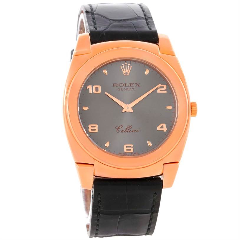 This image shows a front view of a Rolex Cellini 5330 Men's Rose Gold Grey Dial 5330 Men's Rose Gold Grey Dial watch with a black leather strap and a rose gold casing.