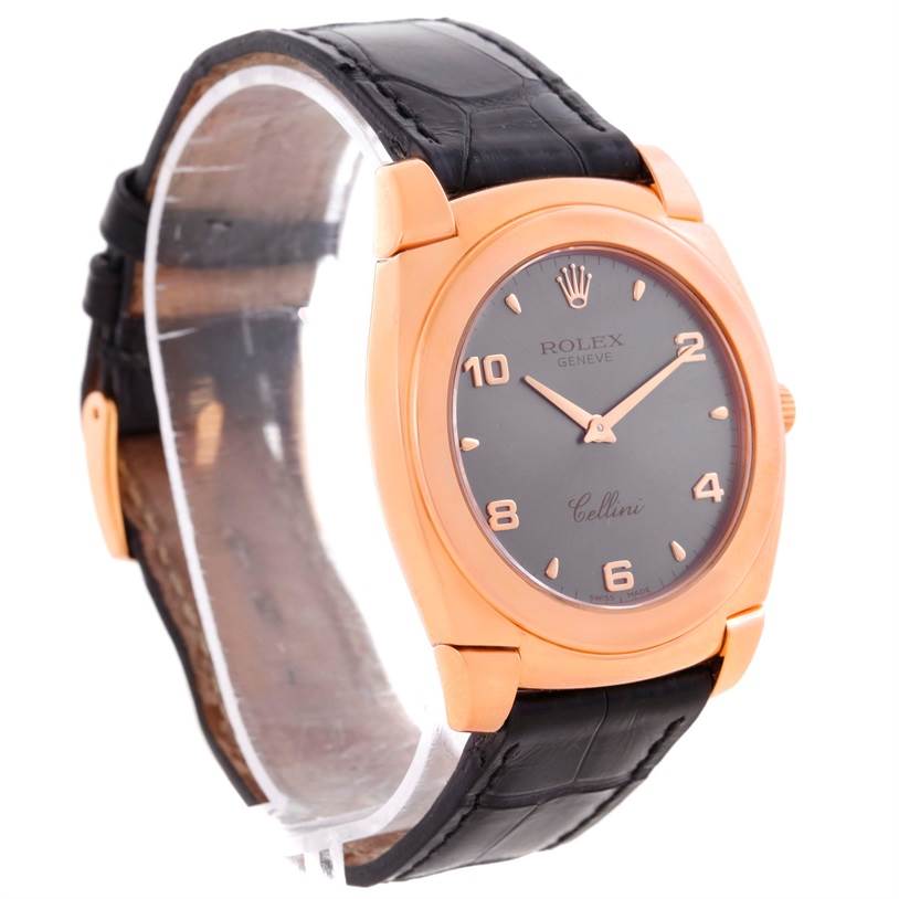 This image shows a Rolex Cellini 5330 Men's Rose Gold Grey Dial 5330 Men's Rose Gold Grey Dial watch angled to display the face, bezel, and part of the black leather strap.