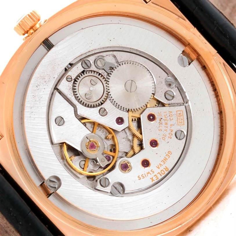 The image shows the internal mechanical parts of a Rolex Cellini 5330 Men's Rose Gold Grey Dial 5330 Men's Rose Gold Grey Dial watch, viewed from the back.