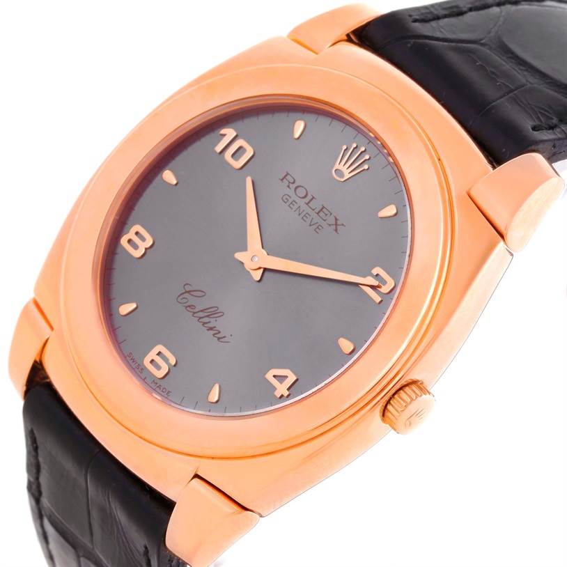The image shows a close-up angle of a Rolex Cellini 5330 Men's Rose Gold Grey Dial 5330 Men's Rose Gold Grey Dial watch, highlighting its dial, hands, crown, and part of the leather strap.