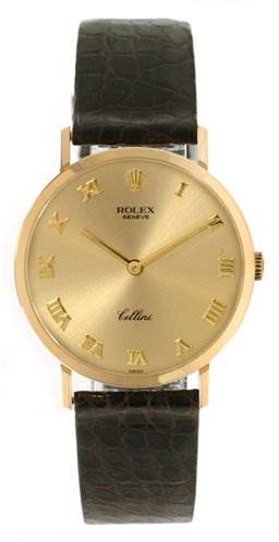 The image shows a frontal view of the Rolex Cellini 4112 Men's Yellow Gold Champagne Dial 4112 Men's Yellow Gold Champagne Dial watch, highlighting its gold dial, Roman numerals, and black leather strap.