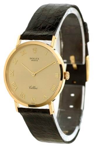 This image shows a side-view angle of a Rolex Cellini 4112 Men's Yellow Gold Champagne Dial 4112 Men's Yellow Gold Champagne Dial watch, highlighting its face, Roman numerals, and leather strap.