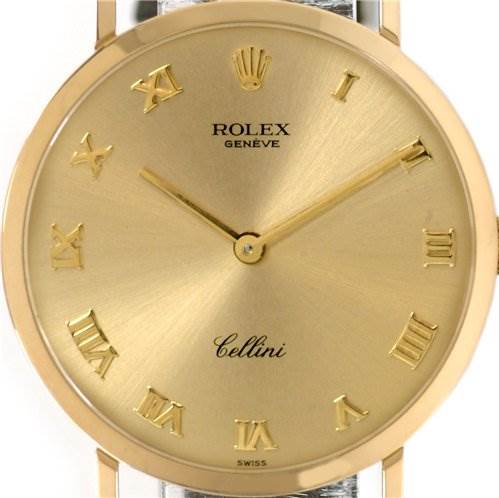 The image shows the front view of a Rolex Cellini 4112 Men's Yellow Gold Champagne Dial 4112 Men's Yellow Gold Champagne Dial watch, highlighting its gold Roman numeral dial and black leather strap.