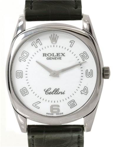 This image shows the front view of a Rolex Cellini 4233/9 Men's White Gold White Dial 4233/9 Men's White Gold White Dial watch, highlighting its face, dial, crown, and strap.
